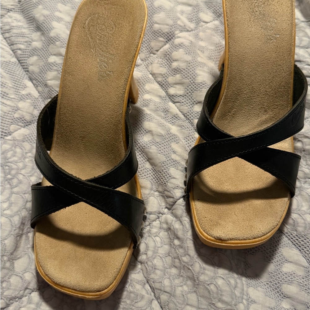 Candie's Black Leather Cross-Strap Mules